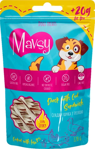 Лакомство для собак Mavsy Duck with Cod Sandwich - Мавси Сэндвич утка с треской для собак 120 г (4820266800307)