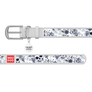 Ошейник WAUDOG Design с рисунком "Черно-белые черепа", премиум кожа, металлическая пряжка (ширина 12 мм, длина 21-29 см), белый