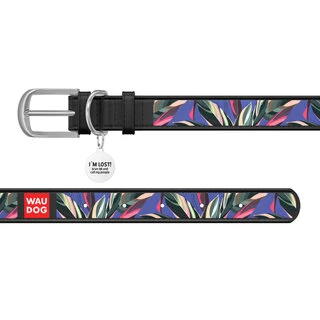 Ошейник WAUDOG Design с рисунком "Листва", премиум кожа, металлическая пряжка (ширина 15 мм, длина 27-36 см), черный
