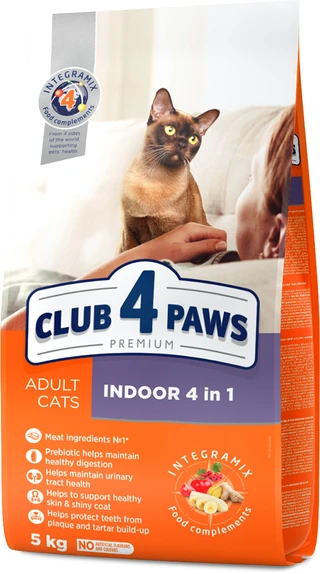 Сухой корм для взрослых кошек Club 4 Paws (Клуб 4 Лапы) Премиум. Для кошек, живущих в помещении 4 в 1 5 кг