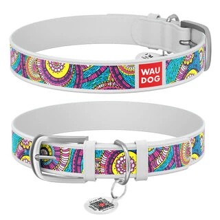 Ошейник WAUDOG Design с рисунком "Сказка", премиум кожа, металлическая пряжка (ширина 12 мм, длина 21-29 см), белый