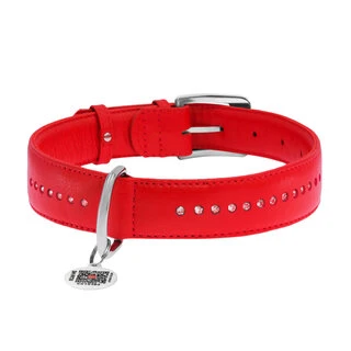 Ошейник для собак кожаный WAUDOG Glamour с QR паспортом, двойной со стразами, Ш 25 мм, Дл 38-49 см, красный