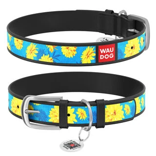 Нашийник WAUDOG Design з малюнком &quot;Квіти на блакитному&quot;, преміум шкіра, металевий пряжка (ширина 12 мм, довжина 19-25 см), чорний