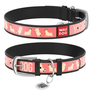 Ошейник WAUDOG Design с рисунком "Йога-пёс", премиум кожа, металлическая пряжка (ширина 25 мм, длина 38-49 см), черный