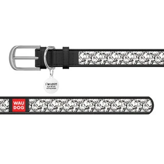 Ошейник WAUDOG Design с рисунком "Верность", премиум кожа, металлическая пряжка (ширина 12 мм, длина 21-29 см), черный