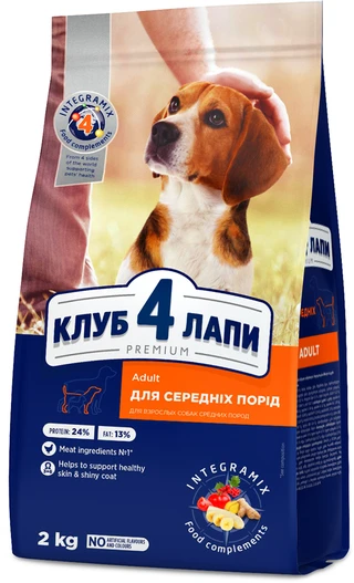 Сухой корм для взрослых собак Club 4 Paws (Клуб 4 Лапы) Премиум для средних пород 2 кг