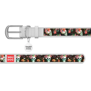 Ошейник WAUDOG Design с рисунком "Черепа", премиум кожа, металлическая пряжка (ширина 12 мм, длина 19-25 см), белый