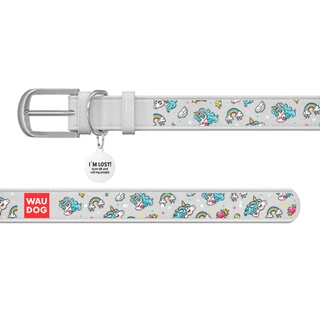 Нашийник WAUDOG Design з малюнком "Єдинороги", преміум шкіра, металевий пряжка (ширина 12 мм, довжина 19-25 см), білий