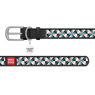 Ошейник WAUDOG Design с рисунком "Снежные цветы", премиум кожа, металлическая пряжка (ширина 12 мм, длина 21-29 см), черный