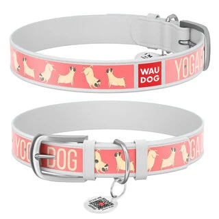 Ошейник WAUDOG Design с рисунком "Йога-пёс", премиум кожа, металлическая пряжка (ширина 25 мм, длина 38-49 см), белый