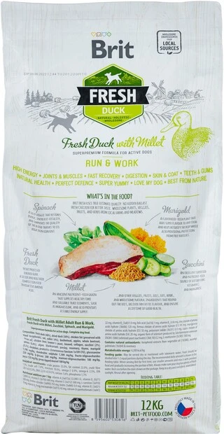 Сухий корм для активних дорослих собак Brit Fresh Active Run &amp; Work з качкою та пшоном 12 кг (8595602530816)