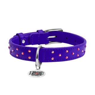 Нашийник для собак шкіряний WAUDOG Glamour з QR паспортом, з клейовими стразами, Ш 20 мм, Дл 30-39 см, фіолетовий