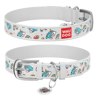 Нашийник WAUDOG Design з малюнком "Єдинороги", преміум шкіра, металевий пряжка (ширина 12 мм, довжина 19-25 см), білий