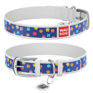 Нашийник WAUDOG Design з малюнком &quot;Пікселі&quot;, преміум шкіра, металевий пряжка (ширина 15 мм, довжина 27-36 см), білий