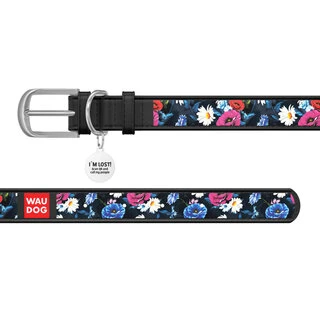 Ошейник WAUDOG Design с рисунком "Летний луг", премиум кожа, металлическая пряжка (ширина 15 мм, длина 27-36 см), черный