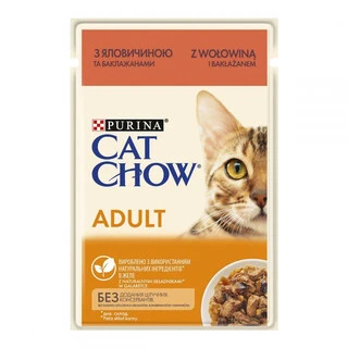 Упаковка вологого корму для дорослих котів Purina Cat Chow Adult з яловичиною та баклажанами 85 г x 26 шт