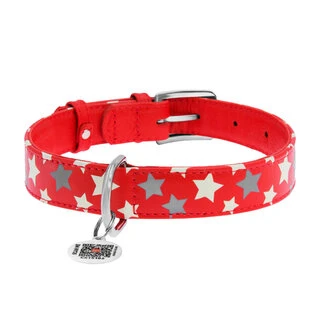 Ошейник для собак кожаный WAUDOG Glamour с QR паспортом, узор "Звёздочка", светящийся/светоотражающий, Ш 25 мм, Дл 38-49 см, красный