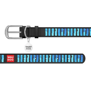 Ошейник WAUDOG Design с рисунком "Голубые полоски", премиум кожа, металлическая пряжка (ширина 25 мм, длина 38-49 см), черный