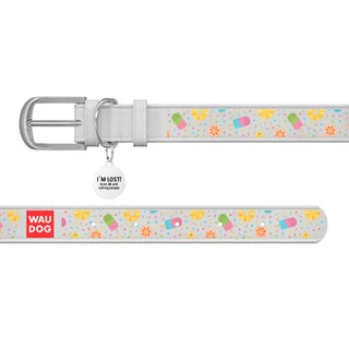 Ошейник WAUDOG Design с рисунком "Ананасы с мороженым", премиум кожа, металлическая пряжка (ширина 12 мм, длина 19-25 см), белый