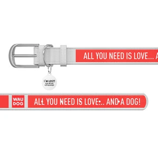 Ошейник WAUDOG Design с рисунком "Любовь и собаки", премиум кожа, металлическая пряжка (ширина 12 мм, длина 21-29 см), белый