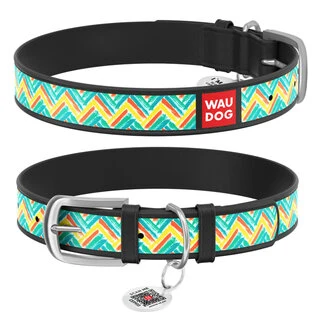Ошейник WAUDOG Design с рисунком &quot;Зигзаг&quot;, премиум кожа, металлическая пряжка (ширина 25 мм, длина 38-49 см), черный