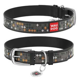 Ошейник WAUDOG Design с рисунком &quot;Крестики&quot;, премиум кожа, металлическая пряжка (ширина 20 мм, длина 30-39 см), черный