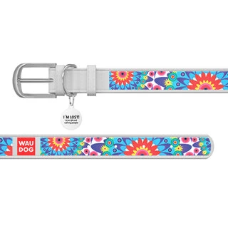 Нашийник для собак шкіряний WAUDOG Design з QR паспортом, малюнок "Квіти", Ш 25 мм, Дл 38-49 см, білий