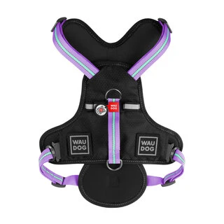 Безпечна шлея для собак WAUDOG Nylon з QR паспортом, металевою пряжкою-фастексом, L, Ш 25 мм, А 55-85 см, В 65-85 см, фіолетова