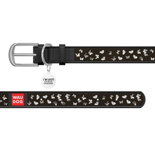Ошейник WAUDOG Design с рисунком "Бабочки", премиум кожа, металлическая пряжка (ширина 15 мм, длина 27-36 см), черный