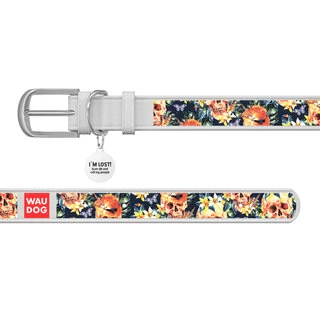 Ошейник WAUDOG Design с рисунком "Гламурные черепа", премиум кожа, металлическая пряжка (ширина 20 мм, длина 30-39 см), белый