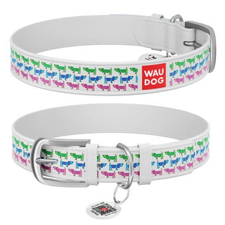 Нашийник WAUDOG Design з малюнком "Парад собачок", преміум шкіра, металевий затискач (ширина 20 мм, довжина 30-39 см), білий