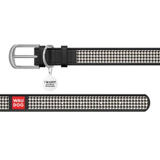 Ошейник WAUDOG Design с рисунком "Шанель", премиум кожа, металлическая пряжка (ширина 25 мм, длина 38-49 см), черный