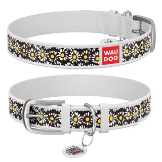 Ошейник WAUDOG Design с рисунком "Ромашки", премиум кожа, металлическая пряжка (ширина 15 мм, длина 27-36 см), белый