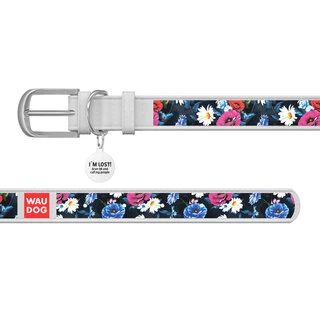 Ошейник WAUDOG Design с рисунком "Летний луг", премиум кожа, металлическая пряжка (ширина 20 мм, длина 30-39 см), белый