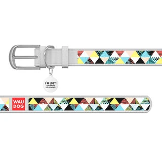 Ошейник WAUDOG Design с рисунком "Пэчворк", премиум кожа, металлическая пряжка (ширина 12 мм, длина 19-25 см), белый