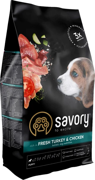 Сухий корм для цуценят Savory зі свіжим м'ясом індички та курки 3 кг