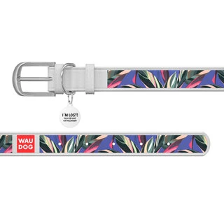 Ошейник WAUDOG Design с рисунком "Листва", премиум кожа, металлическая пряжка (ширина 20 мм, длина 30-39 см), белый