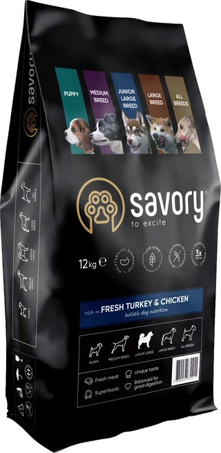 Сухий корм для цуценят великих порід Savory зі свіжим м'ясом індички та курки 12 кг