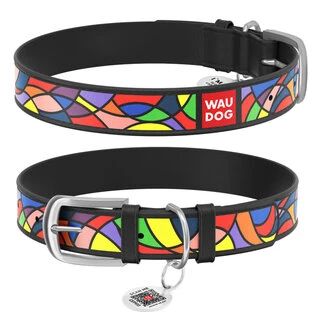 Ошейник для собак кожаный WAUDOG Design с QR паспортом, рисунок "Витраж", Ш 35 мм, Дл 46-60 см, черный