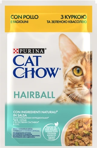 Упаковка вологого корму для котів Purina Cat Chow Hairball для зменшення утворення клубків шерсті в травному тракті з куркою та зеленою квасолею 85 г x 26 шт.