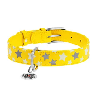 Ошейник для собак кожаный WAUDOG Glamour с QR паспортом, узор "Звёздочка", светящийся/светоотражающий, Ш 20 мм, Дл 30-39 см, желтый
