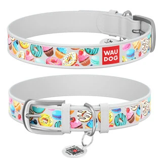 Нашийник для собак шкіряний WAUDOG Design з QR паспортом, малюнок "Пончик", Ш 25 мм, Дл 38-49 см, білий