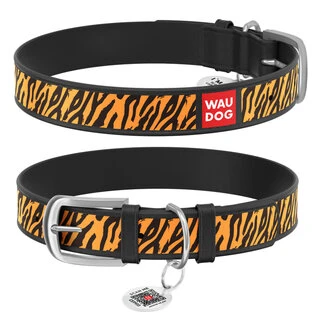 Ошейник WAUDOG Design с рисунком "Тигр", премиум кожа, металлическая пряжка (ширина 35 мм, длина 46-60 см), черный