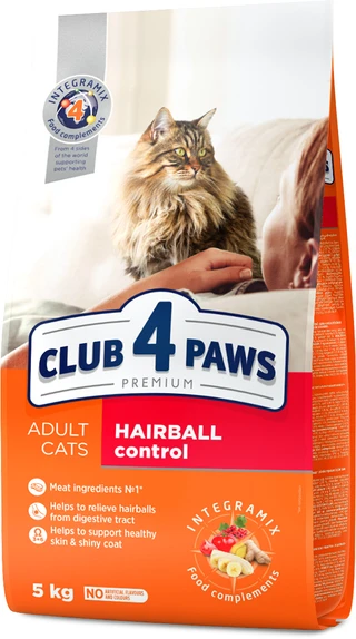 Сухий корм для дорослих котів Club 4 Paws (Клуб 4 Лапи) Преміум. З ефектом виведення шерсті з травної системи 5 кг