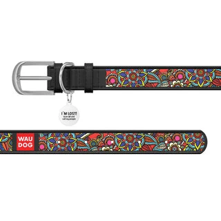 Ошейник WAUDOG Design с рисунком "Фолк", премиум кожа, металлическая пряжка (ширина 12 мм, длина 19-25 см), черный