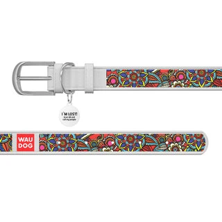 Ошейник WAUDOG Design с рисунком "Фолк", премиум кожа, металлическая пряжка (ширина 12 мм, длина 19-25 см), белый