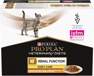Упаковка вологого дієтичного корму для дорослих котів Purina Pro Plan Veterinary Diets NF Renal Function Early Care при патології нирок на ранніх стадіях з куркою 10 x 85 г