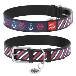 Ошейник WAUDOG Design с рисунком "Якоря 2", премиум кожа, металлическая пряжка (ширина 12 мм, длина 21-29 см), черный