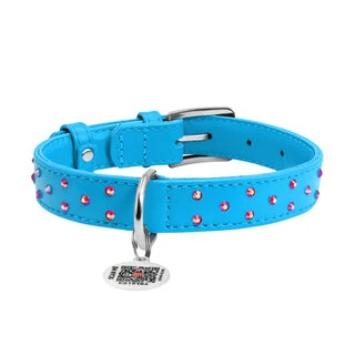 Ошейник для собак кожаный WAUDOG Glamour с QR паспортом, с клеевыми стразами, Ш 20 мм, Дл 30-39 см, голубой