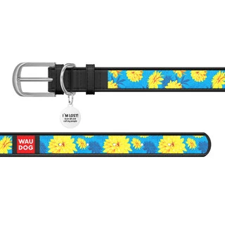 Нашийник WAUDOG Design з малюнком "Квіти на блакитному", преміум шкіра, металевий пряжка (ширина 12 мм, довжина 21-29 см), чорний